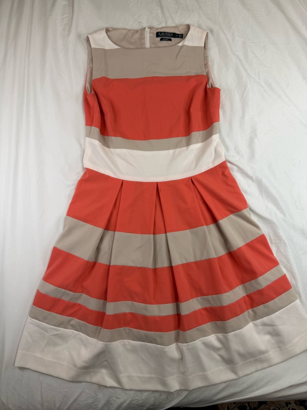 Lauren Ralph Lauren Dress Size 10 Coral Tan Colorblock Sleeveless Fit Flare